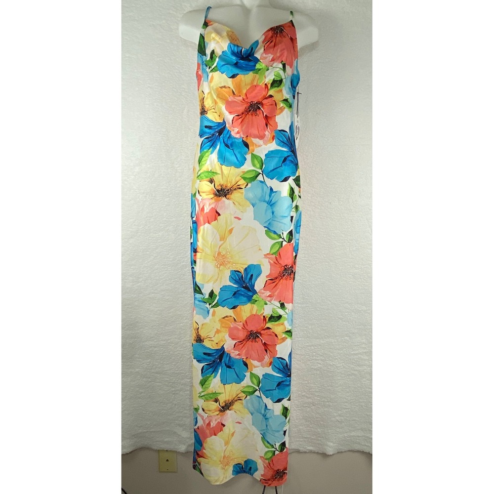 NWT‎ Iris Women S Floral Cowl Neck Maxi Dress Blue Orange Yellow Side Slit